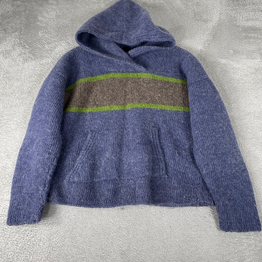 Wool Hooded Sweater Womens Medium Blue Brown Striped Boho Hippie Hand Knit
